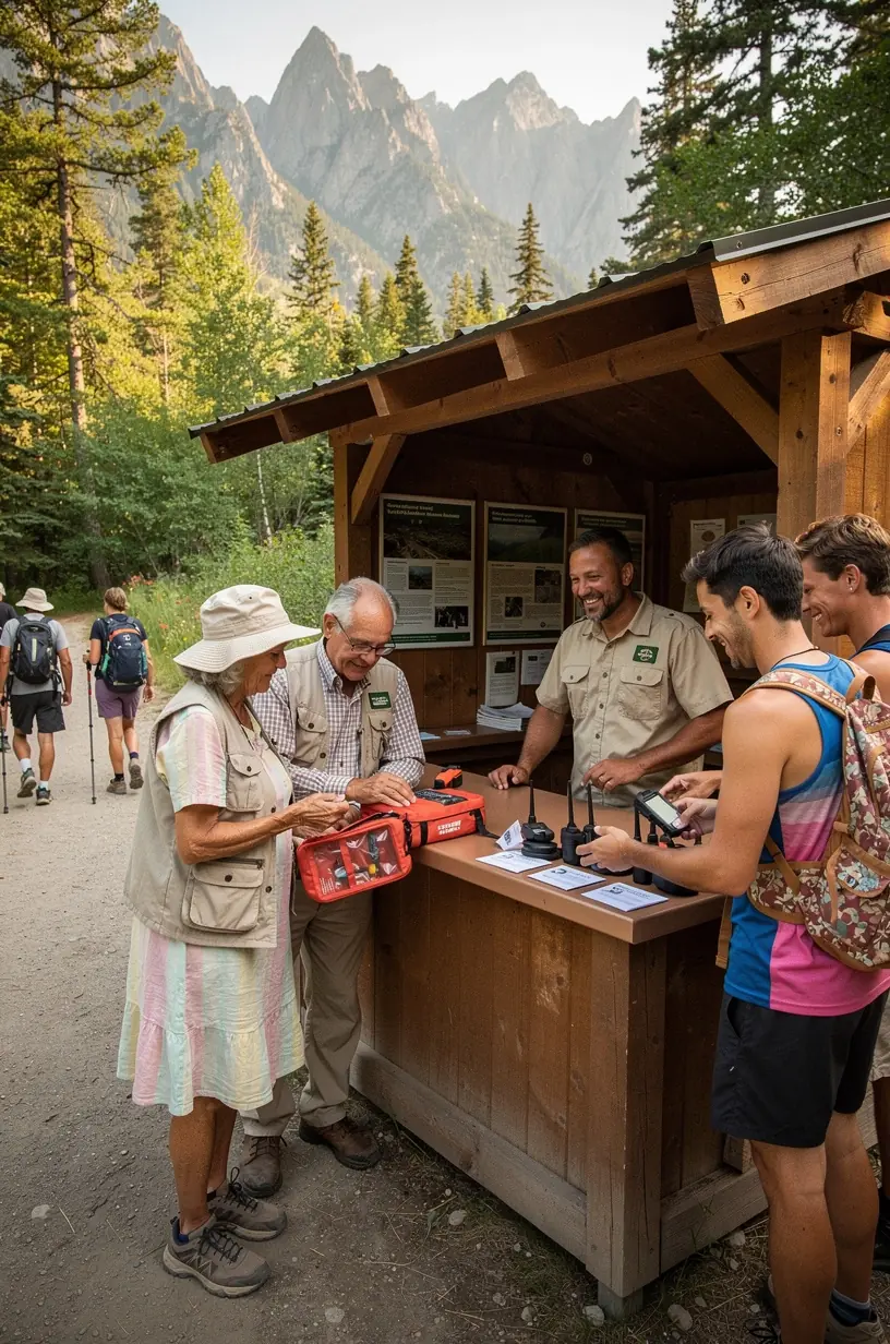 Группа путешественников изучает карту и готовится к походу с арендованными GPS-устройствами и аварийными наборами