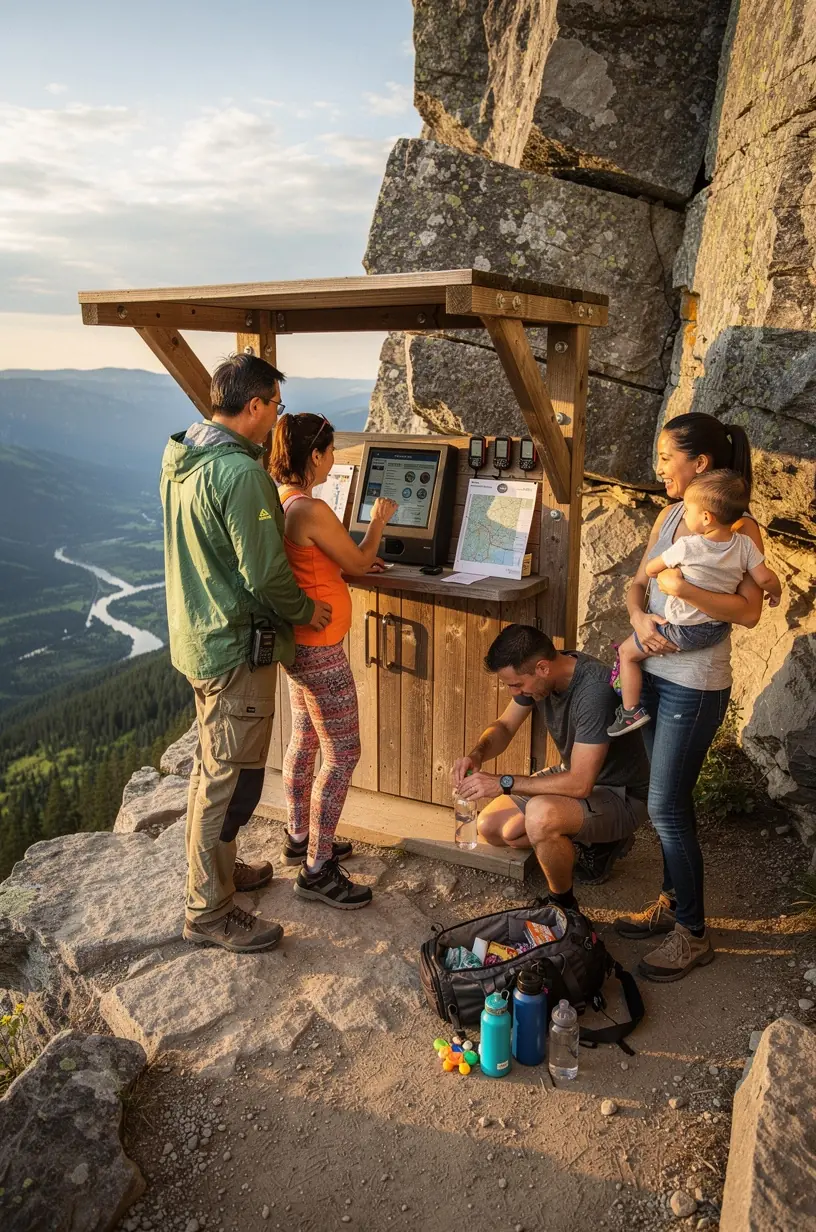 Станция безопасности с солнечными панелями для зарядки GPS-устройств и экстренных комплектов на удалённой тропе