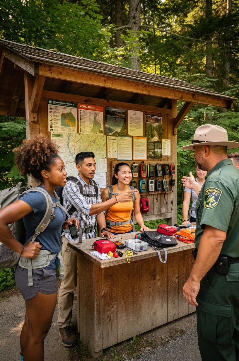 Турист использует портативный GPS-навигатор, арендованный на офлайн станции безопасности перед походом